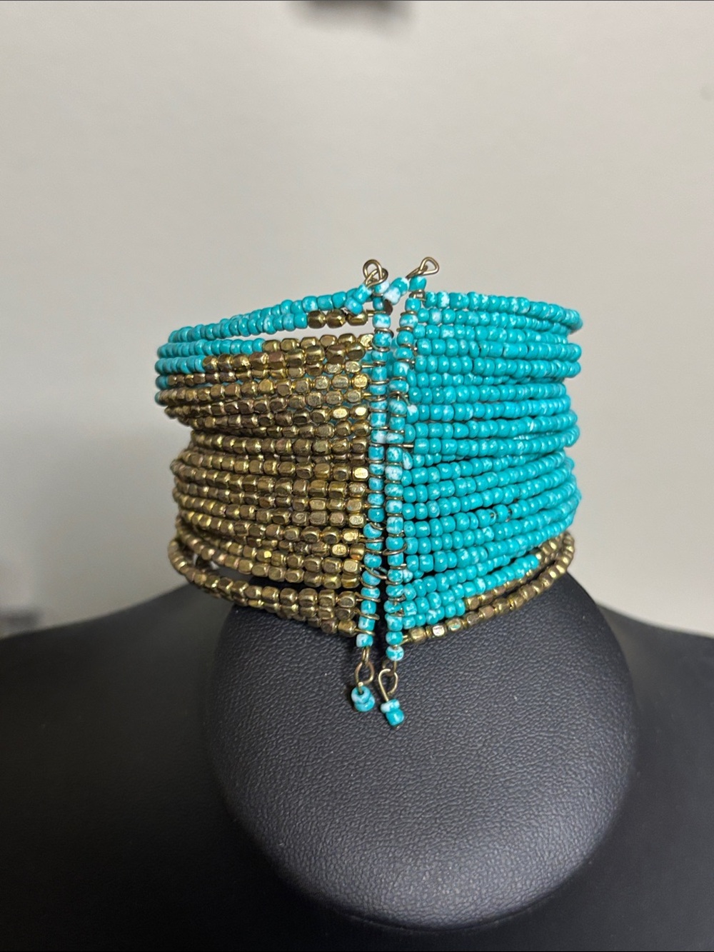 Turquoise and Gold Seed Bead Wrap Statement Boho Bracelet - Women Jewelry